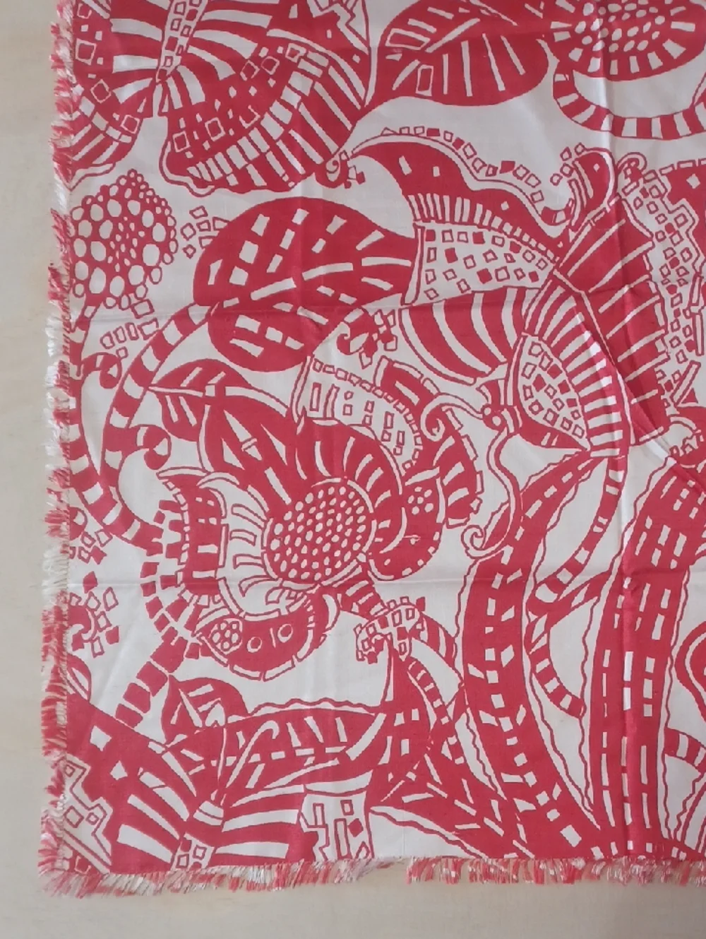 Vintage Thai Silk Scarf Star Of Siam Red White Mod Floral Resort Fringe 24×24